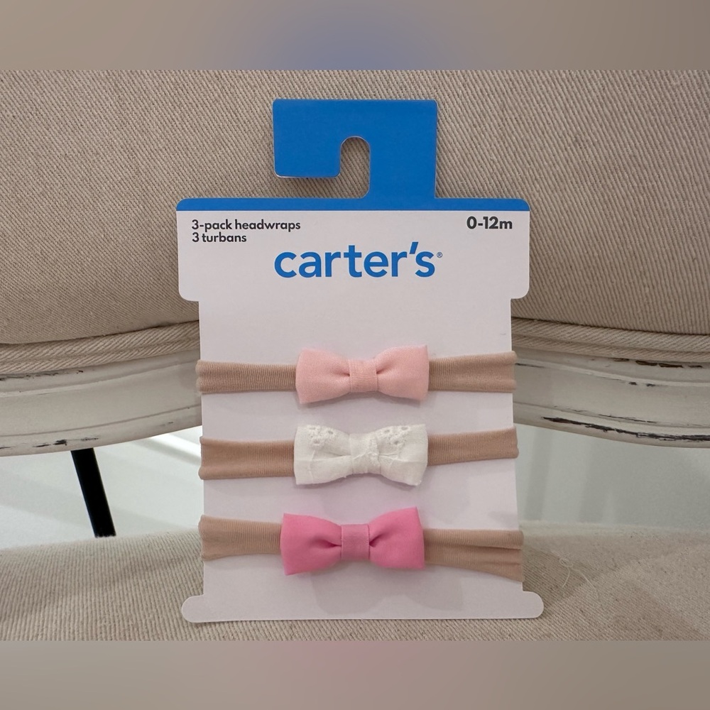 🤍 0~12 Month Carter's Pink and White Bow Baby Headwraps 3 pack